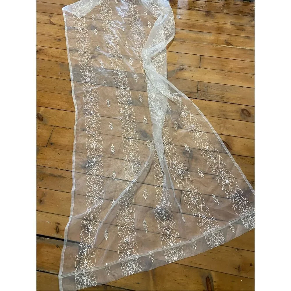 Pair of Sheer White Embroidered Curtains 42w x 84l